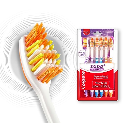 Colgate ZigZag Toothbrush for Deep Inter dental Clean with multi angle zig zag bristles (Medium, Pack of 6)