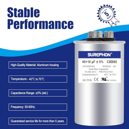SUREPHON Cbb65 Run Capacitor para Ac 45/10 Uf 45 + 10 Mfd Dual 370-440 Volts, Funciona para Hvac, Co
