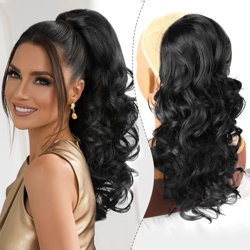 Mayouda Ponytail Extension,18 Inch Long Wavy Curly Drawstring Ponytail Hair Extension for Women Clip in High Hairpiece Fake Pony Tails Hair Synthetic Extensions, Natural Black