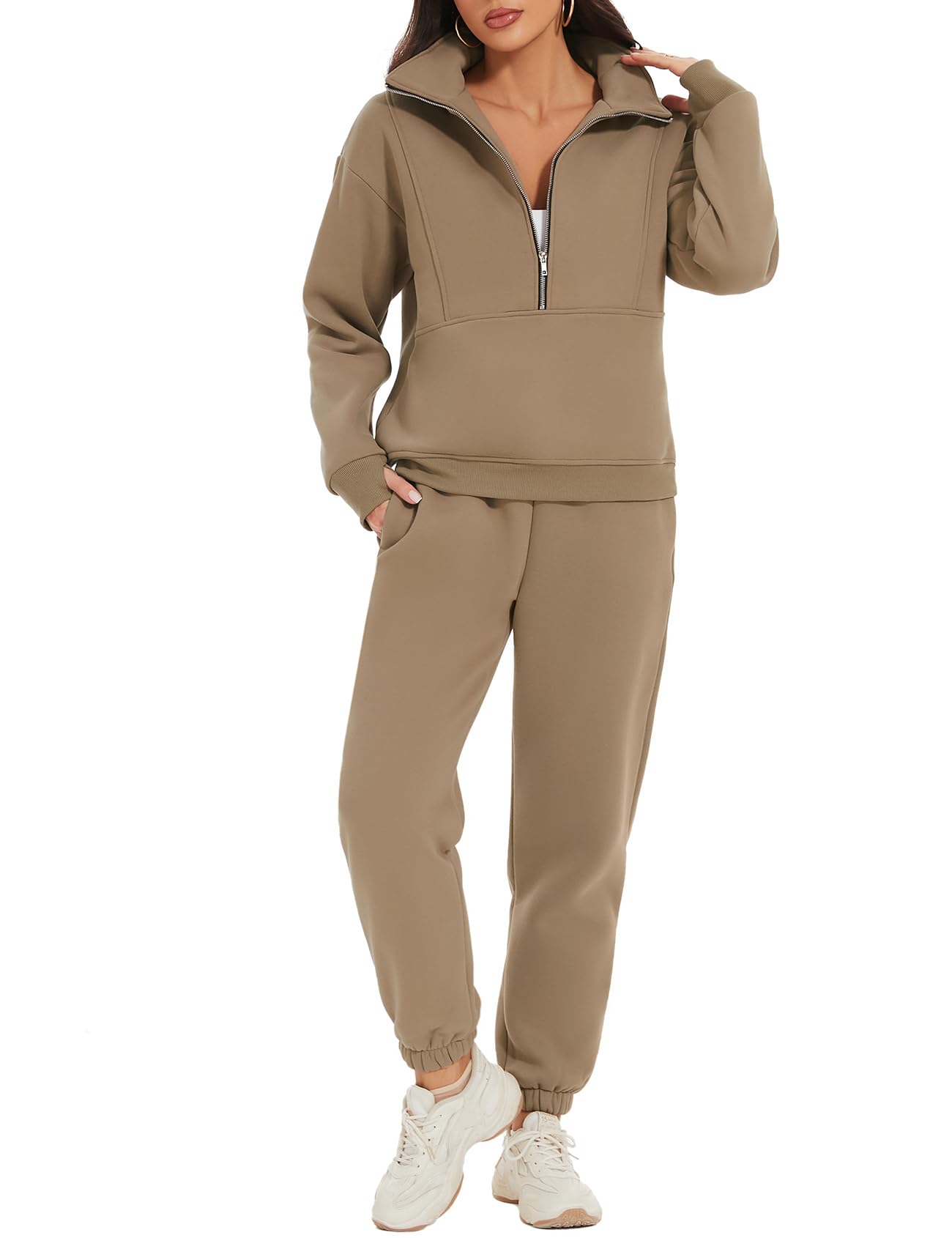 PEHMEA Women's 2 Piece Sweatsuit Outfit, Fleece Long Sleeve Half Zip Pullover Winter Comfy Lounge Sets for Women