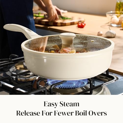 Image of Redchef Nonstick Deep Frying Pan with Lid, Ceramic Saute Pan Skillet, PFOA PFOS Free, Induction Compatible, Stay-Cool Helper Handle, Tempered Glass Cover, Dishwasher Safe, Beige (3.7Qt, 10 inch)