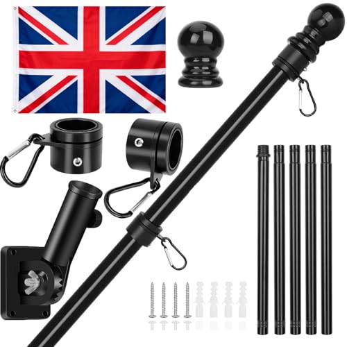 Flag Pole Kit 6FT Wall Mounted Flagpoles for Garden Stainless Steel Flag and Pole Set for House Garden Yard Outdoor Fence Black