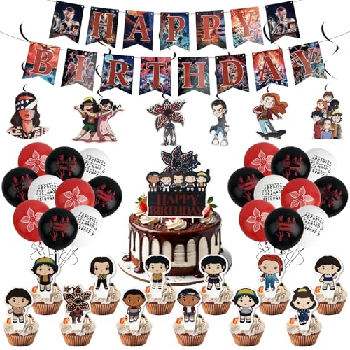 40pcs Stranger Birthday Party Decorations Complete Happy Birthday Supplies with Banner Latex Balloons Cake Toppers Cupcake Toppers ect Party Supplies for Fans Boys Girls