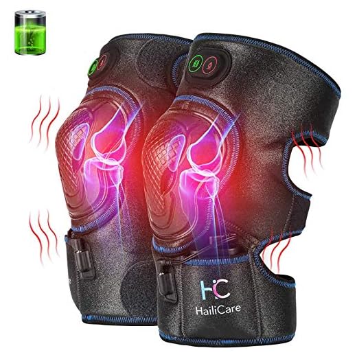 HailiCare Heated Knee Massager, Heat & Vabration Knee Brace Wrap Electric Heating Pad W/Rechargable 8.4V Lipo Battery Warm Therapy for Joint Pain, Cramps, Arthritis Meniscus Pain Relief (1 Pair)