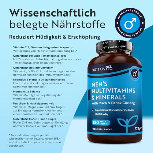 Nutravita Multivitamine & Mineralien für Männer - 25 Essentielle Aktive Vitamine & Mineralien mit Maca-Wurzel & Panax Ginseng - 180 Vegane Multivitamin Tabletten - Multivitamin Tabletten Hochdosiert