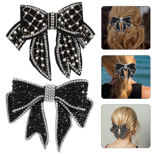 Pearl, fabric and crystal hair clips - 2 piezas accesorios decorativos negros para cabello con moños para niñas y niños miniatura 3