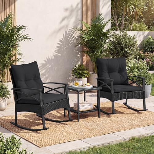 Image of Tangkula 3 Pieces Wicker Outdoor Rocking Chairs Set | Heavy Duty | Cushioned | Rattan Rocker Bistro Set w / 2-Tier Tempered Glass Coffee Table for Garden, Balcony, Backyard