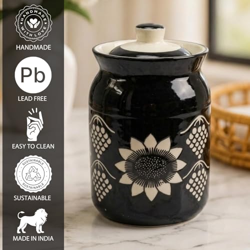 Image of Black Grapes Printed Ceramic Handglazed Pickle Jars Set of 1-1000 ML Each | 1 kg Achaar Martban Barni Jar with Lid | Ceramic Storage Jar Container Pickle, Chatney