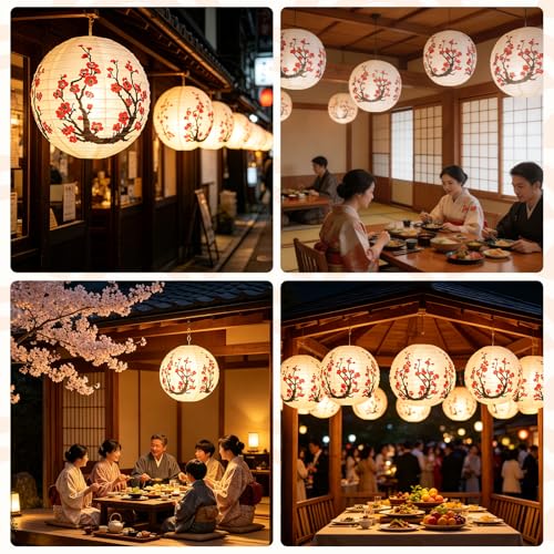 Image of 6 Pcs White Paper Lanterns Decorative 10x12 Inch, ZUEXT Cherry Blossom Hanging Round Chinese /Japanese Lantern for Festival Theme Birthday Party Wedding Home Yard Japanese Eateries Decor Oriental Style