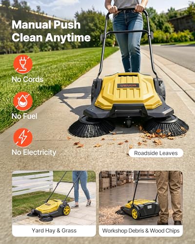 Image of VEVOR Walk-Behind Hand Push Floor Sweeper, Manual Floor Sweeper Non-Electric with 25.6 inch Sweeping Width, 5 Gallons Waste Container & Adjustable Folding Handle for Yards Walkways Patios Garages - Yellow