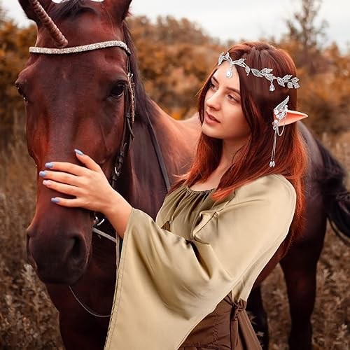 Image of 4 Pcs Women Elf Costume Renaissance Traditional Irish Dress Fairy Costume Elf Ear Cuffs for Women Halloween Cosplay Party