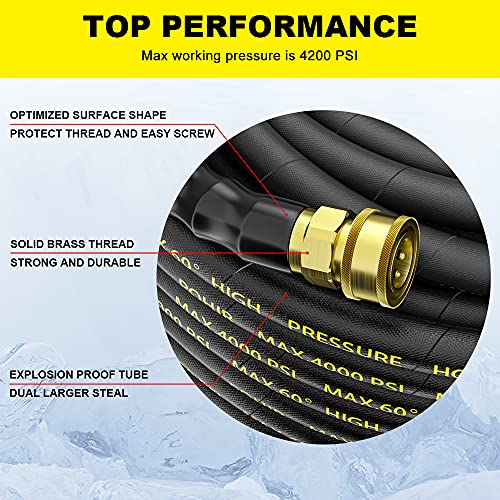 POHIR Pressure Washer Hose 100 ft with 3/8 Inch Quick Connect, Kink Resistant High Tensile Wire Braided, 9 Pack Pressure Washer Nozzle Spray Tips Full Set, Nozzle Tips Set with Nozzle Holder