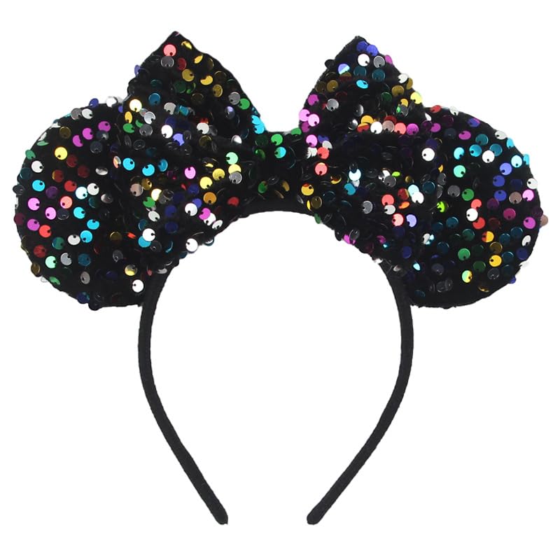 Unisex Glittery Black Mouse Ears Headband With Bow & Colorful Sequins, for Cartoon Princess Women Costume Cosplay, Christmas Party Accessory; LM-H