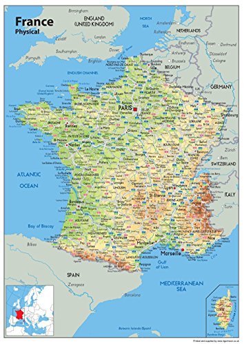 Carte murale de la France - Carte physique - Papier laminé 84 x 59 cm (A1) - Idéal pour salle de classe, bureau ou domicile Cover