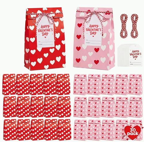 FVUILH 30 Pack Valentines Day Gift Bags with Tags & Twine - 15 Red & 15 Pink Small Paper Treat Bags for Kids Classroom Exchange - Heart Party Favor Goodie Bags for School Boys Girls Toddlers Bulk
