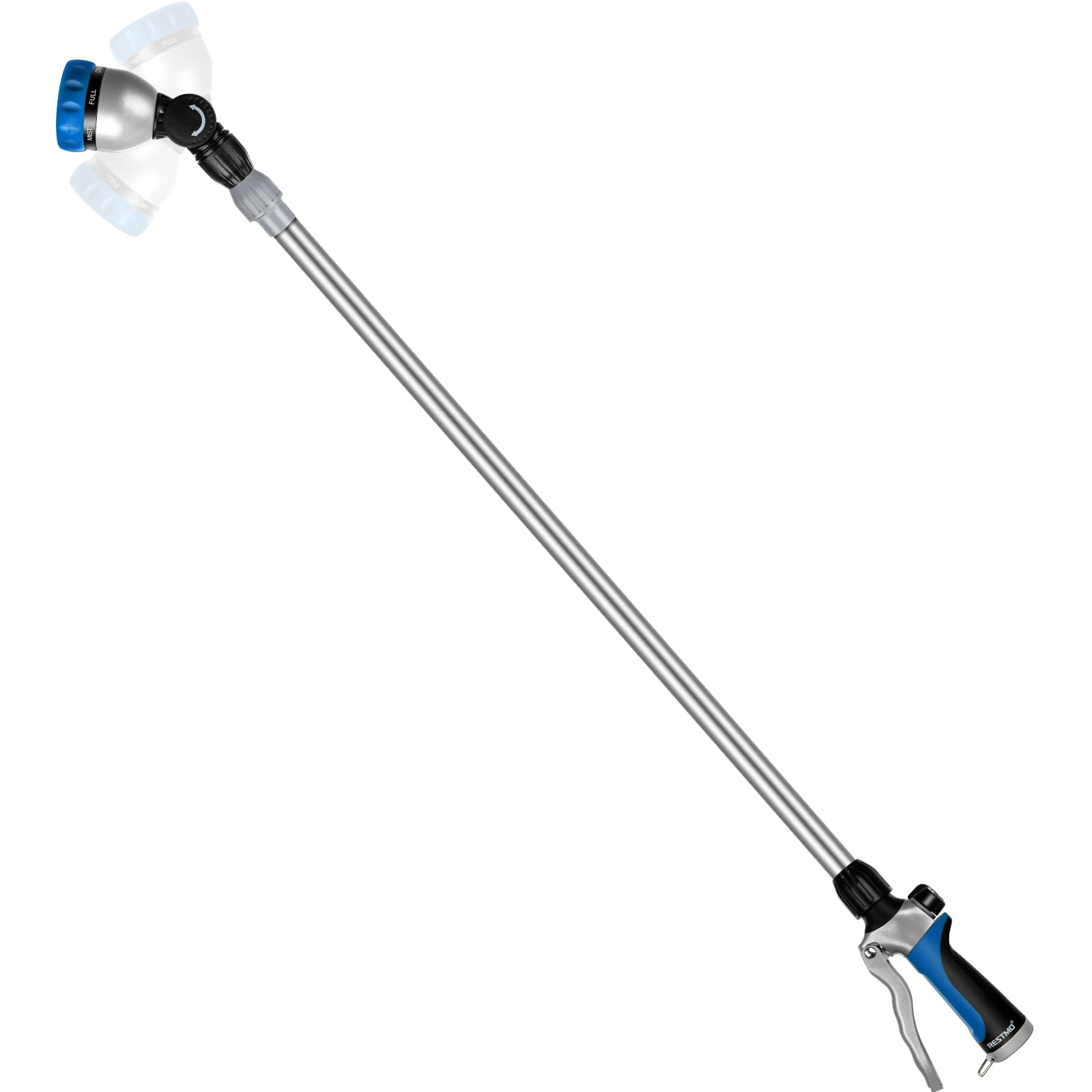 RESTMO 36”-60” (3ft-5ft) Metal Watering Wand, Long Telescopic Tube | 180° Adjustable Ratcheting Head | 7 Spray Patterns | Flow Control, Garden Hose Sprayer to Water Hanging Baskets, Shrubs, Blue