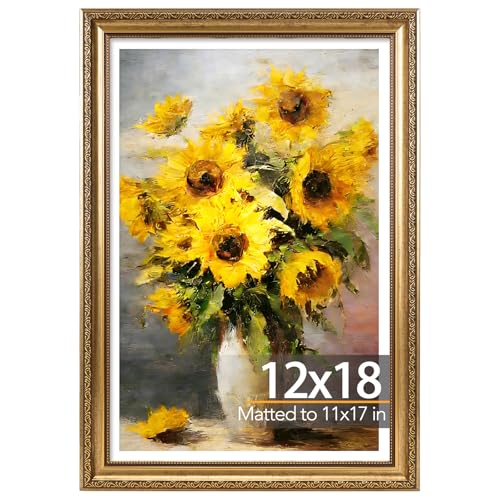 JCJMY 12x18 Vintage Picture Frame with 11x17 Mat Elegant Retro 12 by 18 Photo Frame with Shatter-Resistant Plexiglass for Wall Gallery Decor & Gift Gold 1 Pack