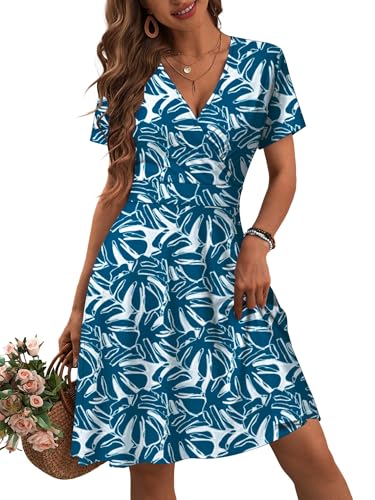 Image of MSBASIC Womens Summer Wrap V Neck Casual Dresses Floral Short Sleeve A-Line Midi Sundress