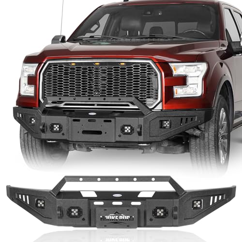 Hooke Road Discovery Front Bumper for 2015 2016 2017 Ford F-150 (Exclude Raptor), Full-Width Offroad Bumper w/Winch Plate & D-ring Mounts - Solid Steel