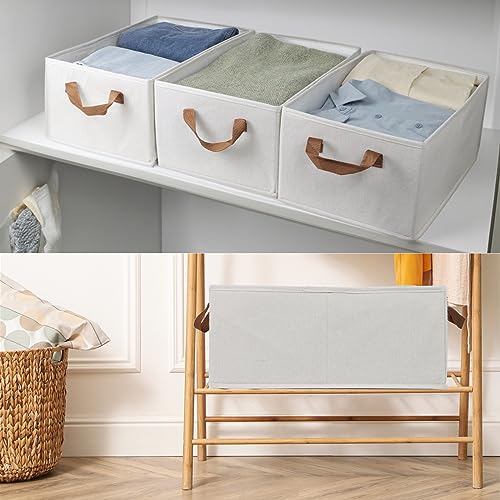 Image of Fordonral Pack of 3 Large Capacity Storage Bins Closet Organizer System, Sturdy Foldable Boxes for Organizing Clothing, Sheets, Toys, Books - Shelf Shelves Basket Bin Linen White