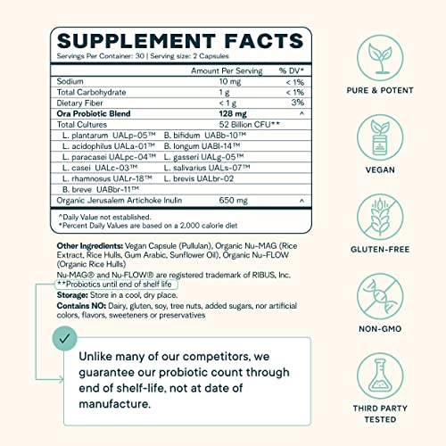 Ora Organic Probiotics With Prebiotics - 52 Billion Cfu 11 Clinically Studied Strains For Digestive Health, Supports Occasional Constipation, Bloating, & Gas | Vegan, Dairy & Gluten Free, 60 Capsules #TOP2