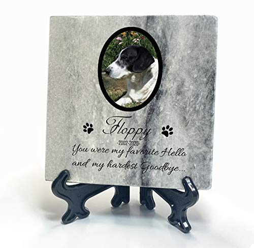 TULLUN Personalized Memorial Grey Marble Stone Plaque + Stand for Pet Cat Dog Frame Paw Grave Marker - Photo and Name - Size | 4