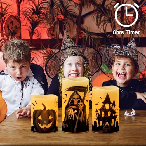 Image of Wondise Halloween Flameless Flickering Candles with 6 Hour Timer, Battery Operated Real Wax Halloween Candles Set of 3 Halloween Decoration Grim Reaper, Haunted House, Pumpkin (3 x 4 5 6 Inch)