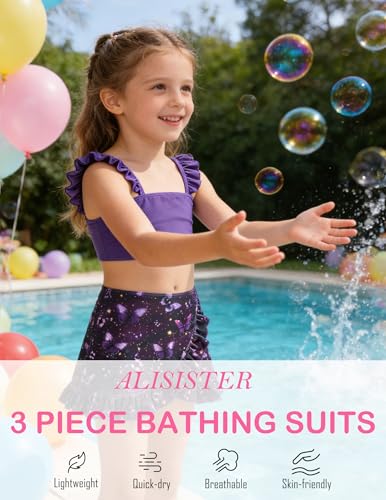 Image of ALISISTER Girls Swimsuit 3 Piece Bathing Suits Summer Bikini Tankini Sets with Cover Up Skirt for 4-12 Years