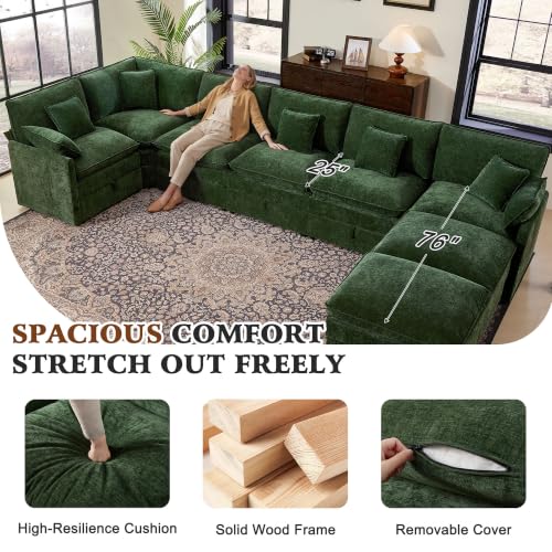 Image of Ihanherry Oversized Modular Sectional Sofa with Storag, 8-Seater V Shaped Cloud Couch with Movable Ottomans, Chenille Deep Seat Corner Couches for Living Room (Green)