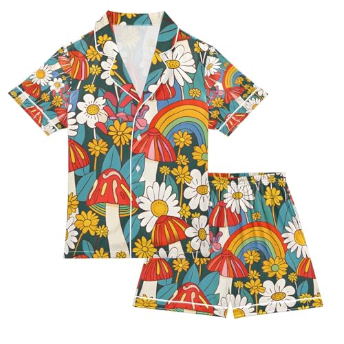 senya Flowers Mushrooms Rainbows Satin Summer Pajama Sets Silk Short Sleeve Button Down Sleepwear
