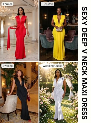 Image of Ekaliy Elegant Bodycon Dresses for Women Deep V Neck Maxi Dress Mermaid Long Dress