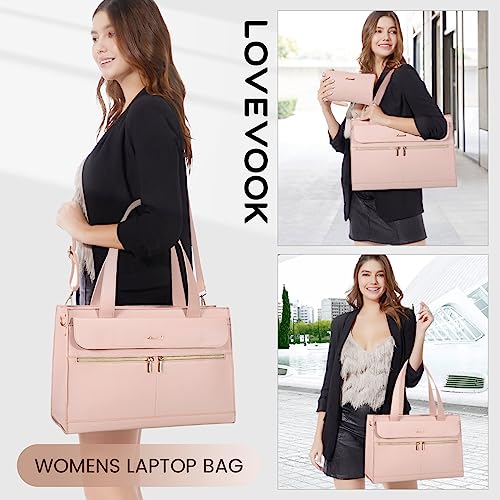 Image of LOVEVOOK Laptop Bag for Women 15.6 Inch Laptop Tote Work Professional Leather Computer Briefcase Waterproof Handbag Shoulder Large Capacity Business Teacher Office Bag Crossbody Purse,Pink