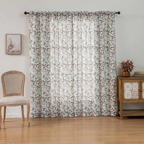 Image of SUOUO Vintage Black Dark Floral Semi Sheer Curtains 96 Inches 2 Panels