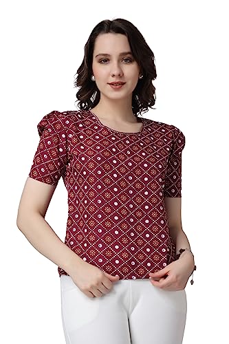 Image of POPWINGS Casual Printed Puff Sleeves Round Neck Top for Women || Stylish Summer Tops for Women || Hip-Length Women Top