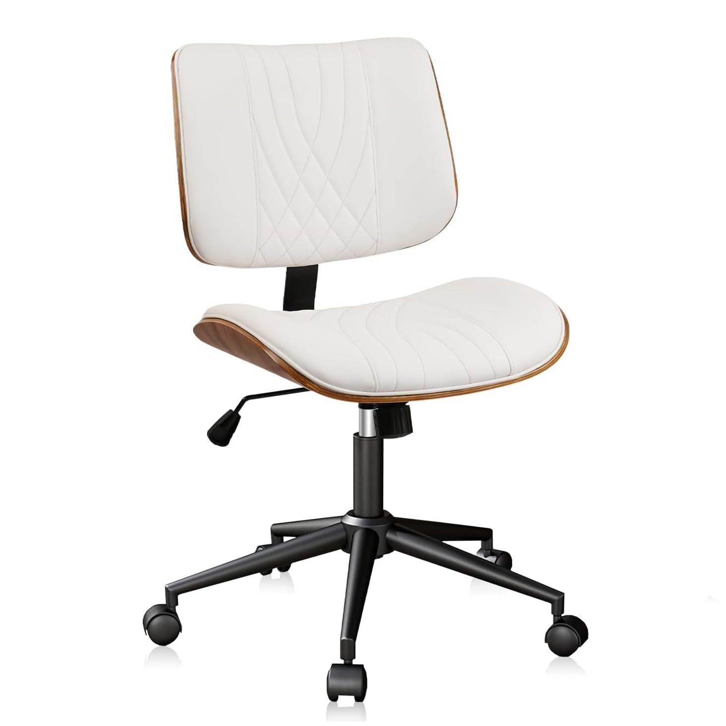 CLATINA Armless Home Office Chair, Desk Chair with Wheels, Adjustable Height Reading Chair, Leather Mid Back & Swivel Computer Chair, Modern Walnut Chairs with Back for Studio Meeting Room(White)
