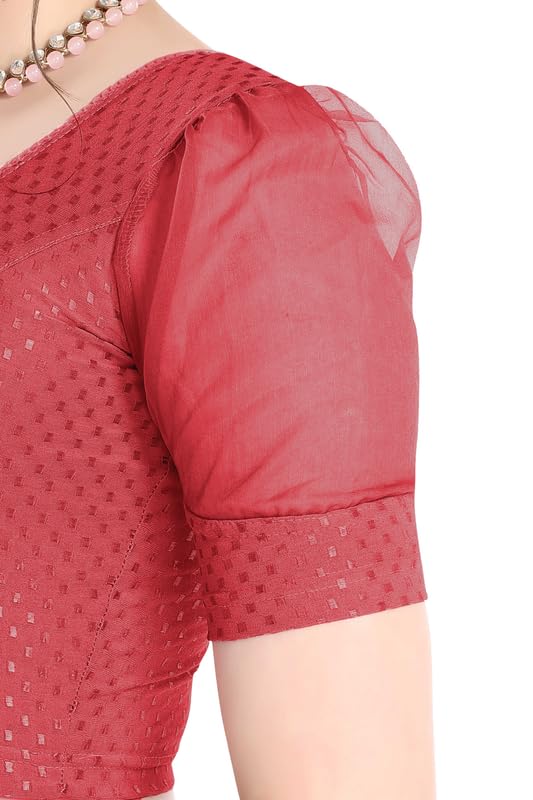 Image of FINESTFIT Stay On Trend Fashion 100% Cotton Readymade Blouses for Women,Round Neckline with Organza Balloon Sleeves.