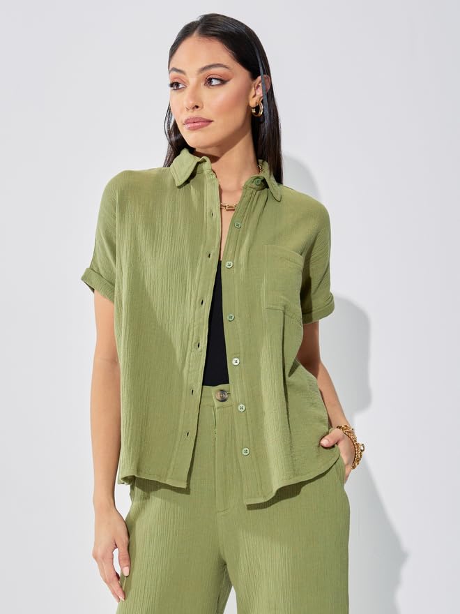 Image of Styli Women Regular Fit Roll-Up Sleeve Textured Button-Down Shirt | Stylish Casual Shirt for Women | Comfortable Office Wear & Everyday Western Tops