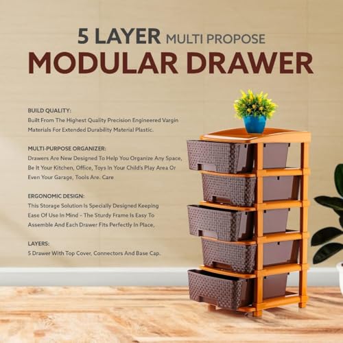Image of 5 XL Plastic Modular Drawer System for Home, Office, Hospital, Parlor, School, Doctors, Home and Kids, Product Dimension When Asembeled (30Cmx39Cmx77Cm) (Chocolate Brown, 5XL)