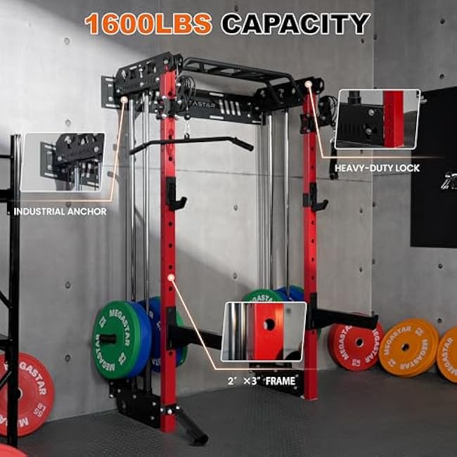 Wall Mounted Power Rack ¨C 1600LB Capacity Compact Commercial Home Gym with Dual Cable Crossover, LAT Pulldown, Multi-Grip Pull-Up Bar & Landmine Attachment for Small Spaces, P67 Striker Red