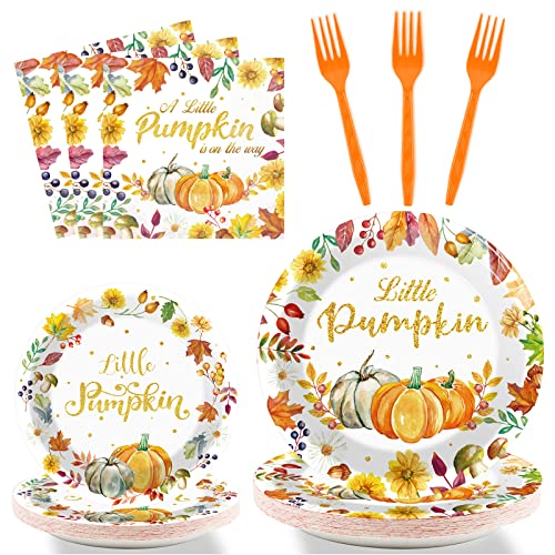 96 Pcs Little Pumpkin Tableware Set Thanksgiving Party Supplies for Boy Girl Gender Reveal Baby Shower Party Supplies Fall Dinnerware Plates Table Decor Autumn Tableware kit for 24 Guests Party Favors