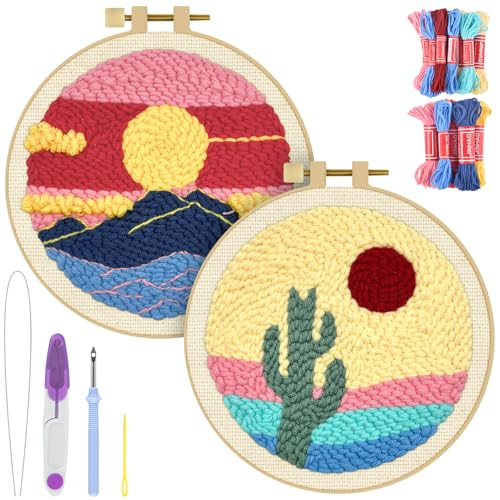 Image of ERKOON Punch Needle Kit Adults Beginners, 2 Pcs DIY Easy Landscape Embroidery Set for Starter Art Craft, Needling Punching Project with Patterns, Tools, Yarns, Hoop, Instruction (Desert & Afterglow)