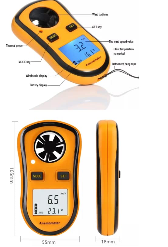 VIHELM GM8908 Anemometer with labeled parts including wind turbines, MODE key, SET key, LCD display, and hang rope.