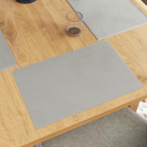 Image of Encasa XO Dining Table Mats Set of 6, Ribbed Cotton Table Mat 48x32 cm | Handmade Heat Resistance Table Placemats, Non Slip, Washable & Durable Place Mat for Centre Table, Living Room Light Grey