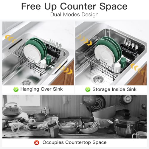 Image of JASIWAY Black Dish Drying Rack in Sink with Utensil Holder, RV, Apartment