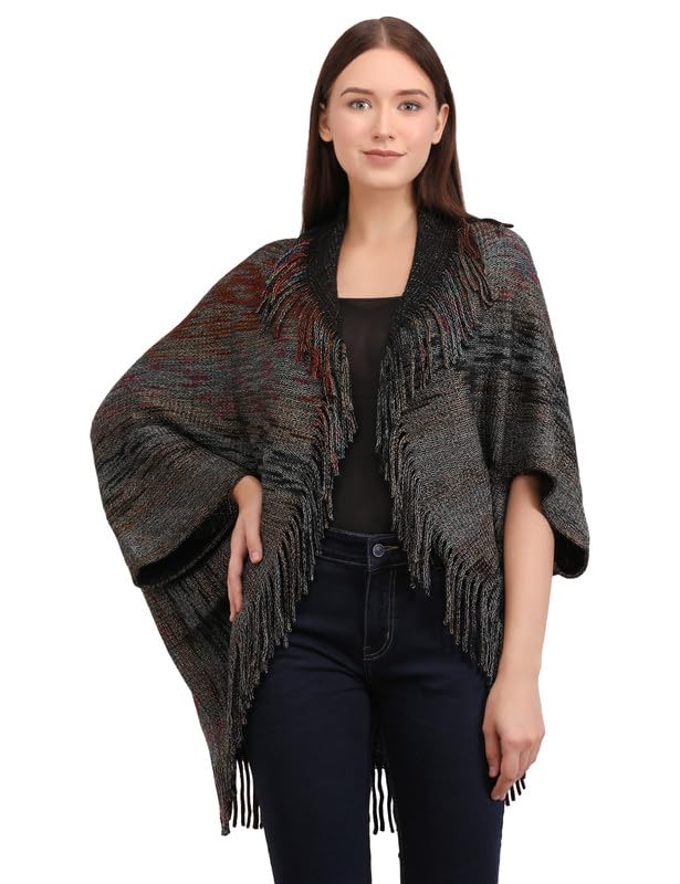 MANRA Women Woolen V-Neck Poncho Open Front Half Sleeves Shrug Style Wrap with Tassel Fringe for Women (SC 111 Shrug)