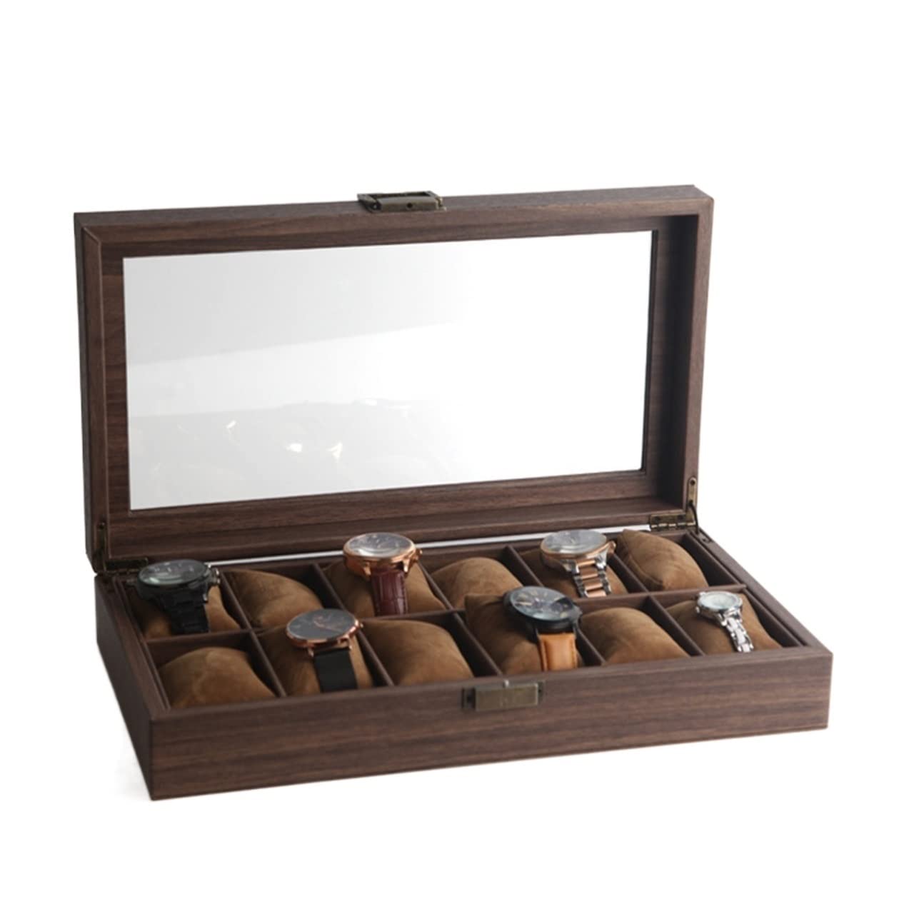 ANVLOJRIH Watch Box Wooden Watch Storage Box Glass Cover Jewelry Bracelet and Display Organizer Watches Box(12 grid)
