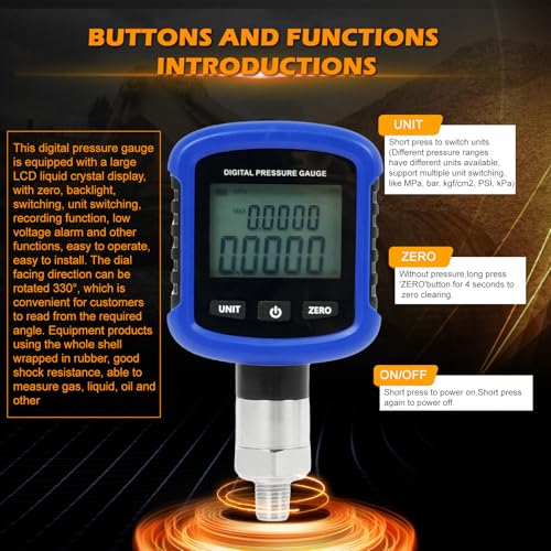 Image of 60mpa Digital Industrial Pressure Gauge,S281 0-10000psi 0.2% FS Accuracy Air Manometer 1 /4 Inch NPT Thread Digital Pressure Gauge 330Rotation with LED Light for Construction, Machinery