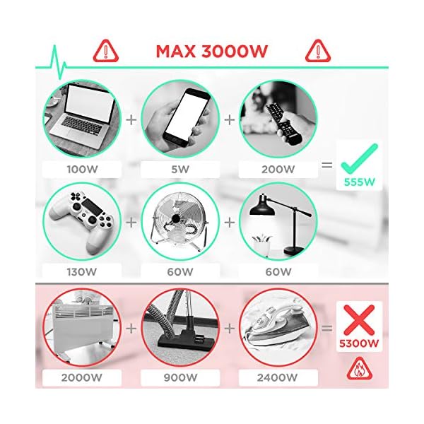 Duronic 10 Way Extension Tower ST10 | 10-Gang Power Strip Lead | Surge & Spike Protector | For UK Plug Sockets | Electric Multi Plug Adapter | Max 3000W Capacity | 1.8 Metre/180cm Power Cable - Image 5