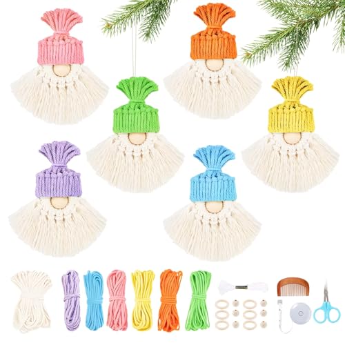 SneiDr Kit De Macramé De Navidad Fácil para Principiantes con Algodón Natural Juego De 6 Adornos Colgantes De Macramé Accesorios Incluidos Gnomo De Macramé DIY para Decoración Y Regalo