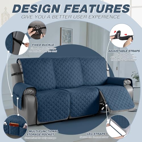 Image of TAOCOCO 100% Waterproof Recliner Covers, Recliner Sofa Covers with Leg Straps, Reversible Recliner Couch Cover for Reclining Chair, Washable Couch Protector for Pets Kids(3 Seater, Ocean Blue)